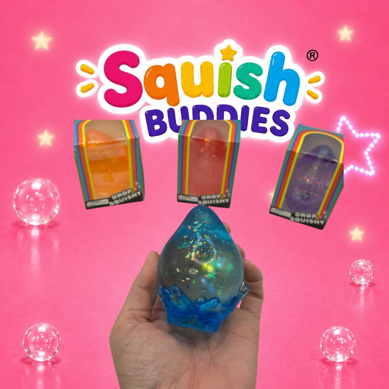 LARGE Teardrop Squishy Toy With Squishy Stand – Maltose Sugar Gel Glitter Stress Ball Sensory Squeeze Fidget (Mystery Colour)