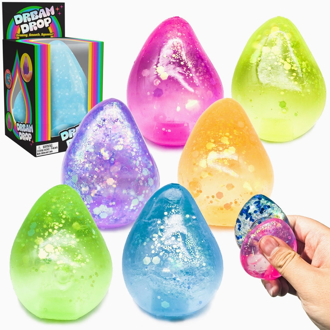 Small Teardrop Squishy Toy – Glitter Dream Drop Sugar Gel Stress Ball Sensory Squeeze Fidget (Mystery Colour)